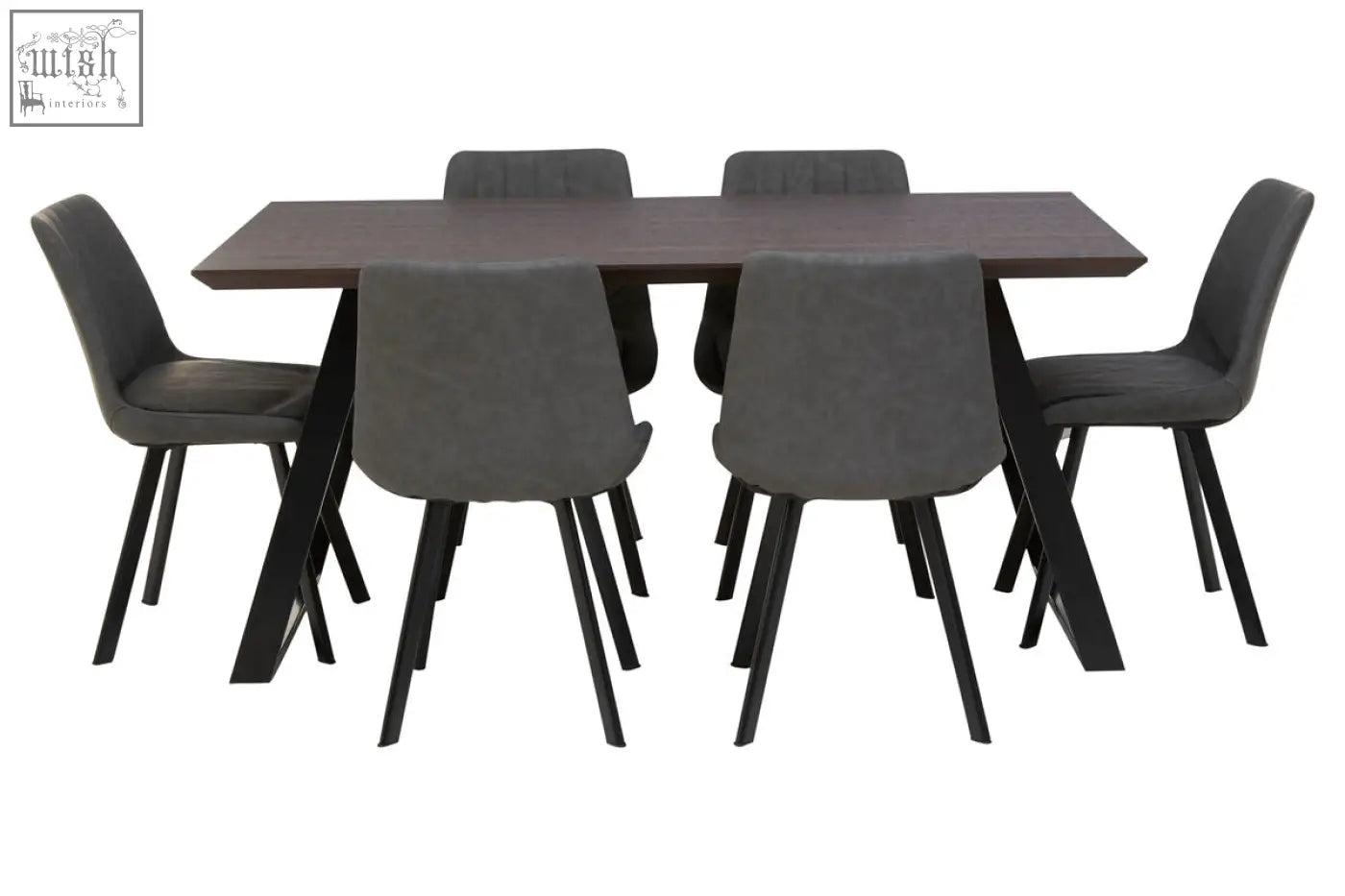 Modern style westford dining set with dark wood table black metal legs and six grey upholstered chairs