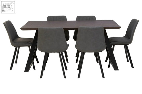 Modern style westford dining set with dark wood table black metal legs and six grey upholstered chairs