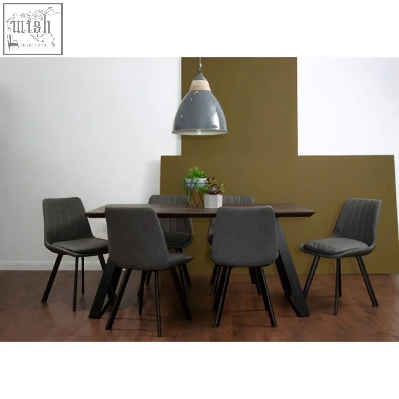 Westford dining table with 6 chairs set featuring dark wood top and black metal legs in modern style with gray upholstery