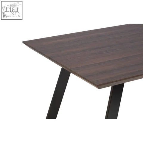 Westford dining table with 6 chairs set featuring dark wood grain surface and sleek black metal legs in modern style