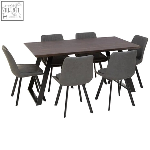 Modern style westford dining table with 6 gray upholstered chairs featuring black metal legs and dark wood top