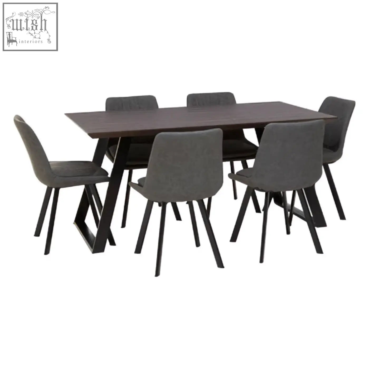 Modern style westford dining set with gray upholstery black metal legs and a rectangular table for six people