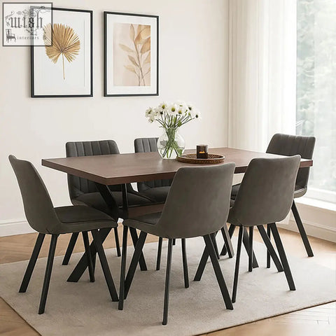 Modern gray upholstered dining chairs with black metal legs included in westford rectangle dining table with 6 chairs set