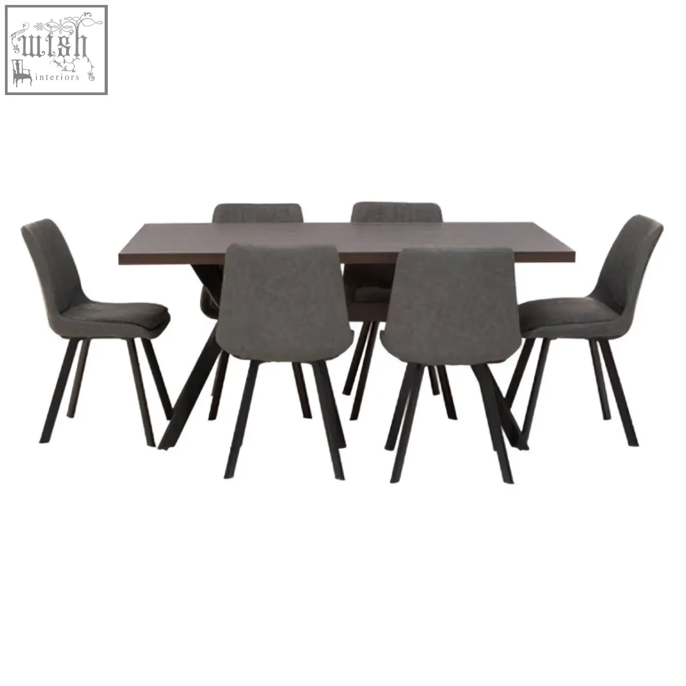 Modern gray upholstered westford rectangle dining set with 6 chairs featuring sleek black metal legs