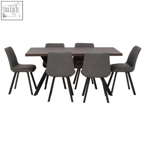 Modern gray upholstered westford rectangle dining set with 6 chairs featuring sleek black metal legs