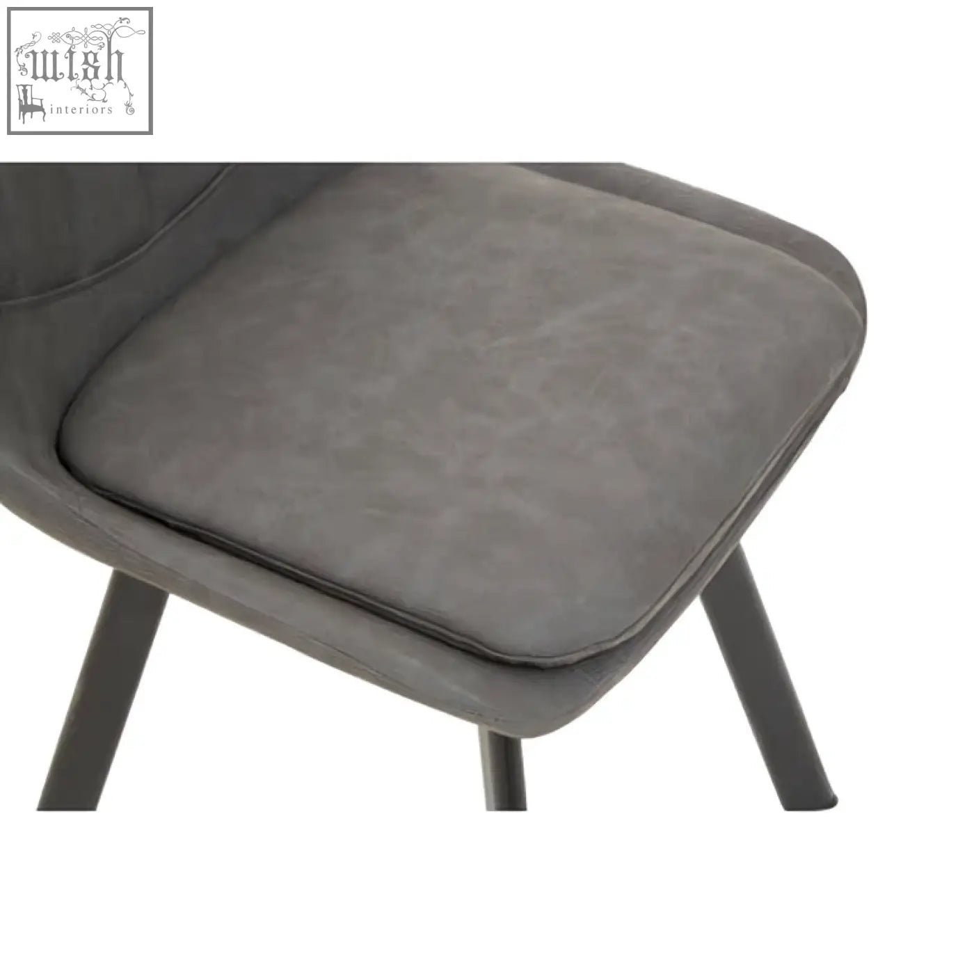 Gray upholstered chair with sleek black metal legs as part of westford rectangle dining table with 6 chairs set