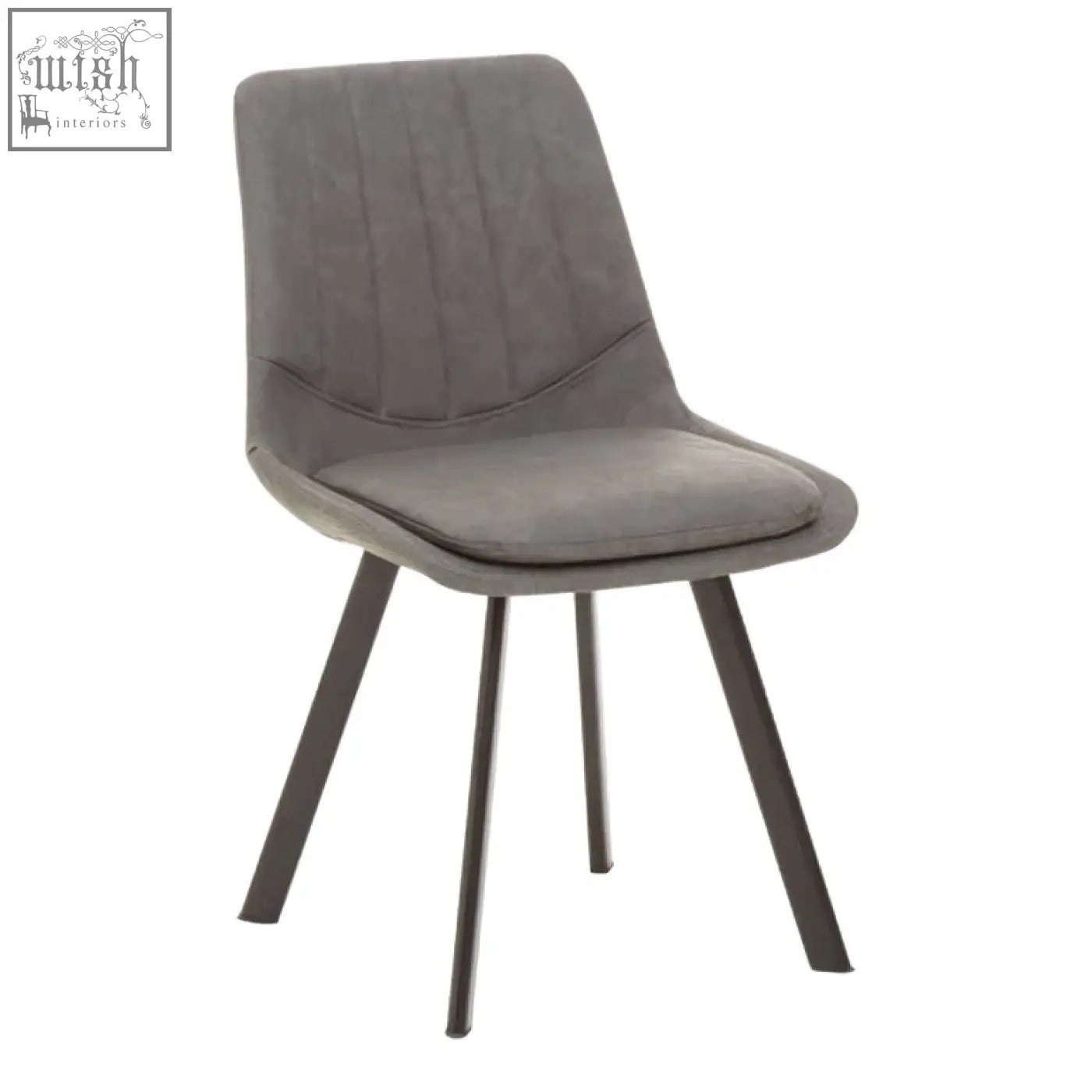 Gray upholstered dining chair with tufted back and sleek black metal legs in westford rectangle dining table set