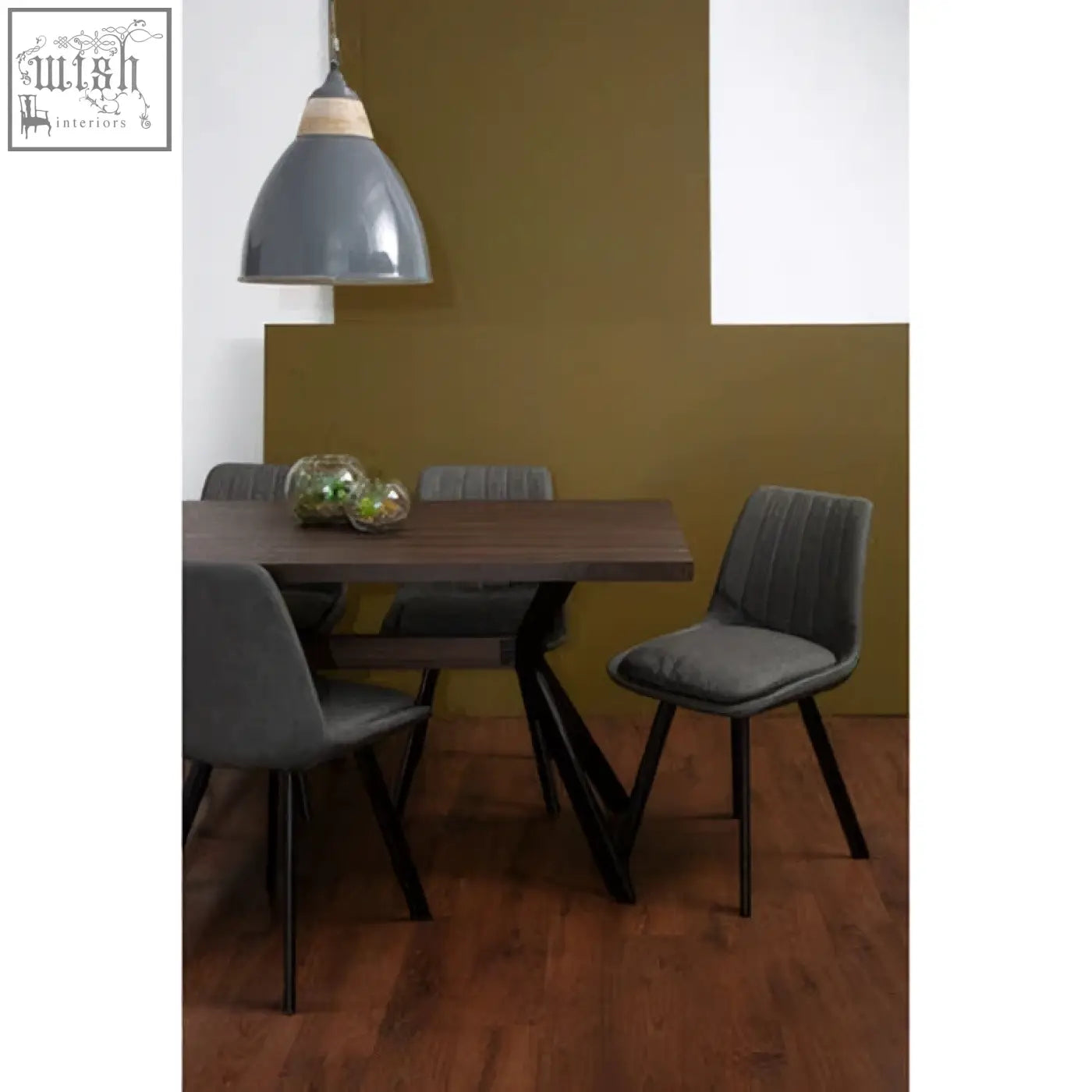 Gray metal pendant light with wooden accent and black metal legs above westford rectangle dining table with 6 chairs set