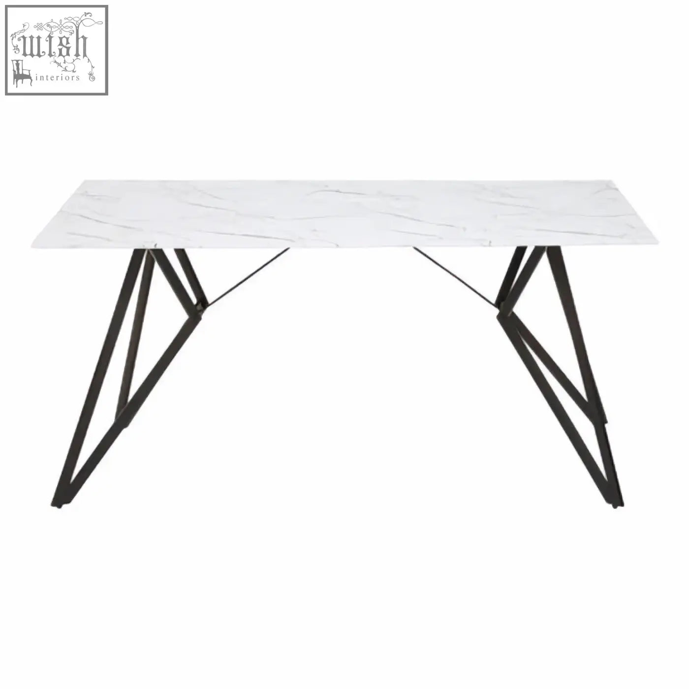Modern rectangular dining table with white marble effect top and black metal legs in a 7pc dining set features design