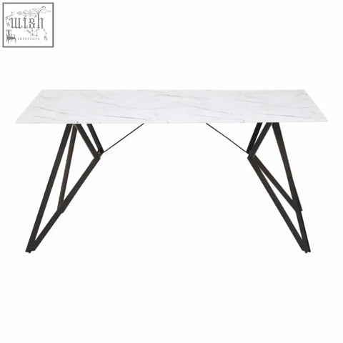 Modern rectangular dining table with white marble effect top and black metal legs in a 7pc dining set features design