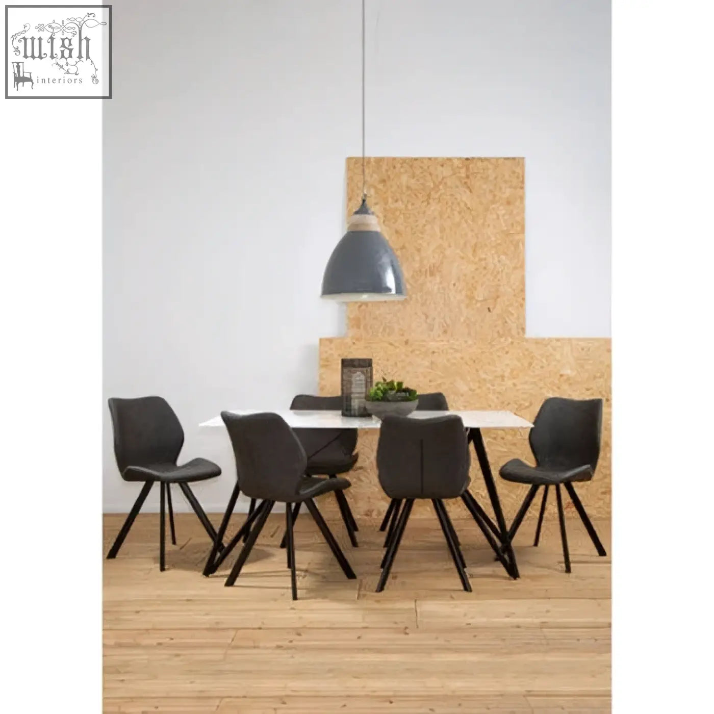 Modern gray pendant light with matte finish complements the marble effect weston 7pc dining set features sleek design