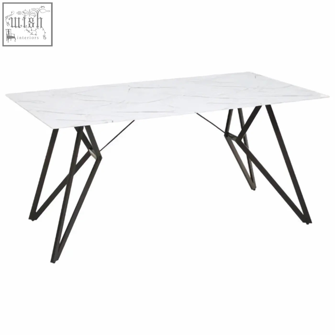 White marble effect top dining table with black geometric metal legs as part of the weston 7pc dining set features