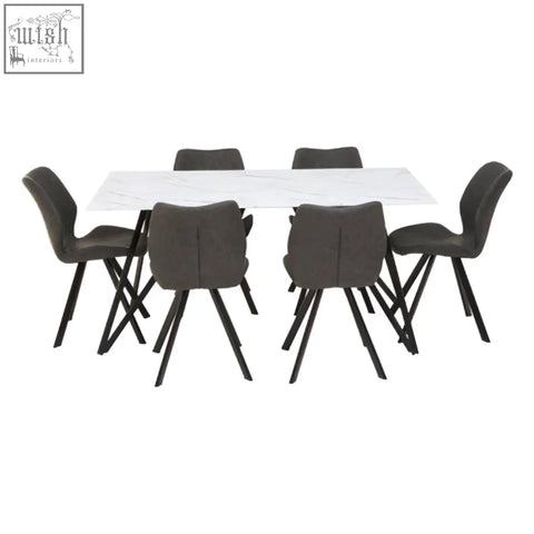 Weston marble effect 7pc dining set with sleek white marble table and six dark gray upholstered chairs with black legs