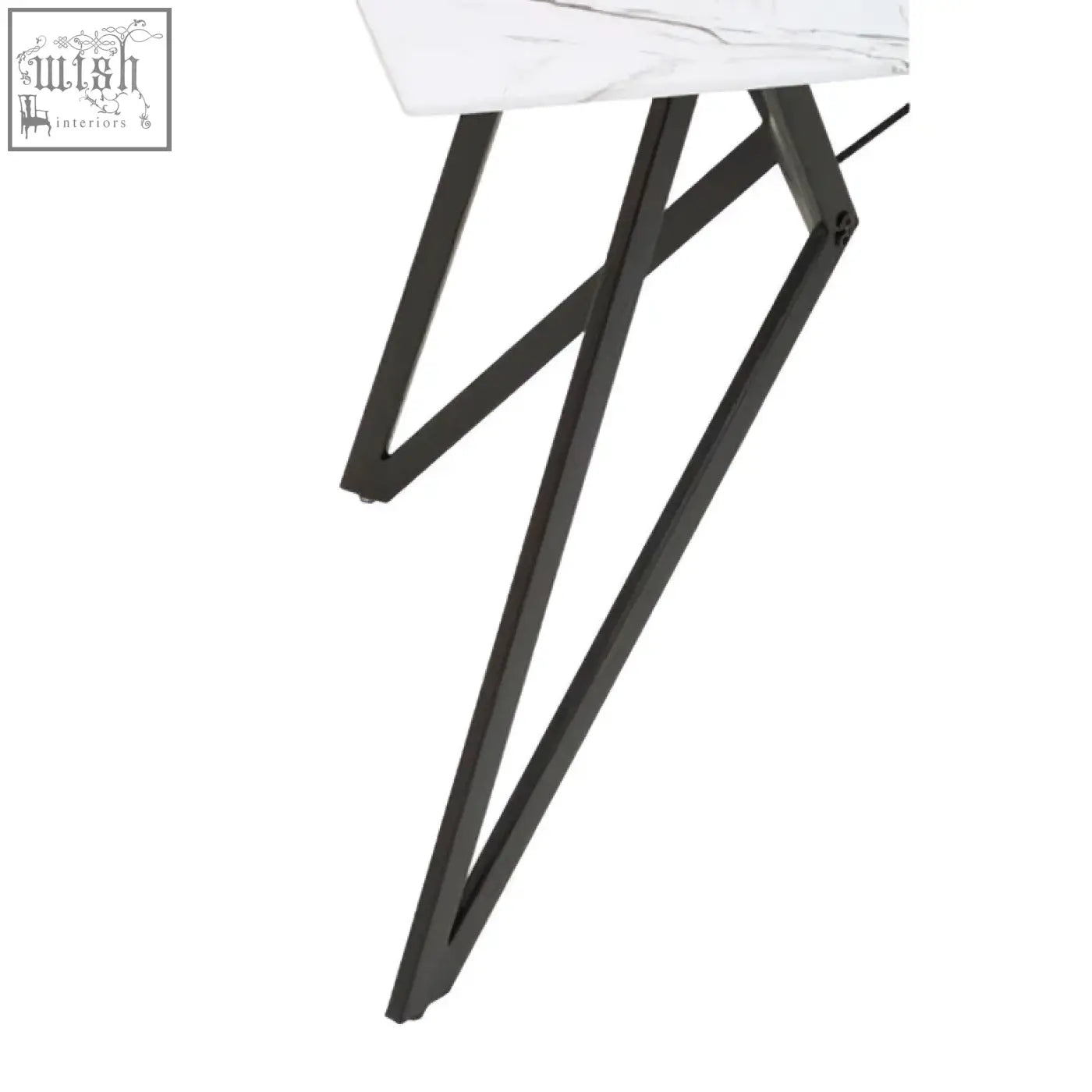 Weston marble effect dining set features a modern white marble top table with sleek black metal legs and 6 chairs