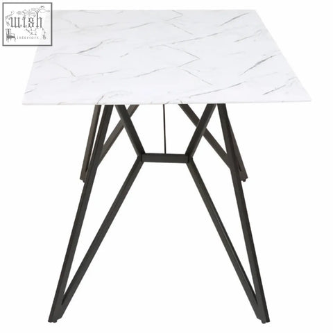 Modern white marble effect dining table with black geometric metal legs from weston 7pc dining set features