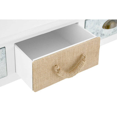 White drawer with natural burlap front and twisted rope handle on weymouth console table for rustic charm
