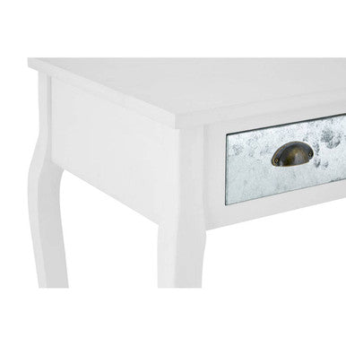 White painted wooden weymouth console table with a drawer featuring a distressed silver mirror panel and oval brass handle