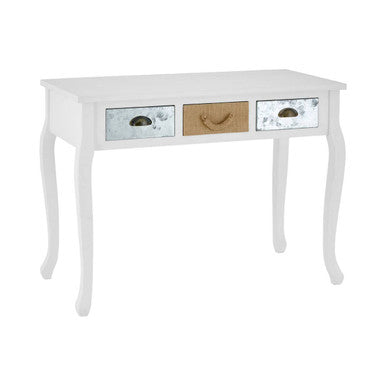 White weymouth console table with three drawers two mirrored fronts one natural wood finish and curved legs
