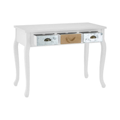 White weymouth console table with three drawers featuring silver metal pulls and one natural wood handle