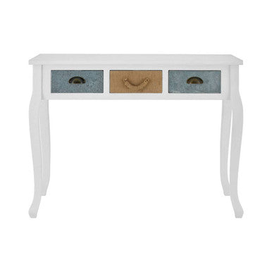 White weymouth console table with three drawers two distressed blue gray metal fronts and one tan leather pull handle