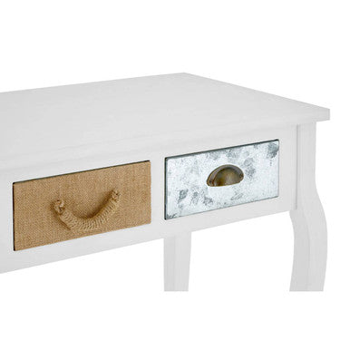 White weymouth console table with two drawers, one with jute rope handle and one with distressed silver mirror finish