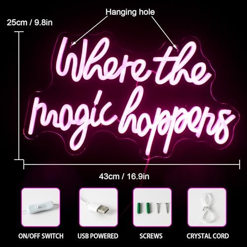 A glowing pink led neon sign with where the magic happens text usb powered with on off switch for bedroom or party decor