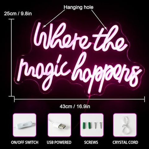 A glowing pink led neon sign with where the magic happens text usb powered with on off switch for bedroom or party decor