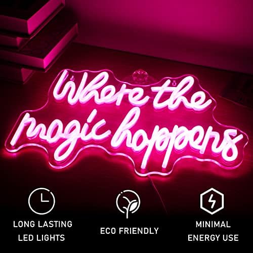 Pink neon sign with cursive lettering where the magic happens usb powered led wall light for bedroom wedding decor