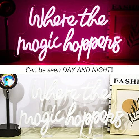 Pink neon sign with cursive white lettering reading where the magic happens usb powered led wall light for bedroom decor
