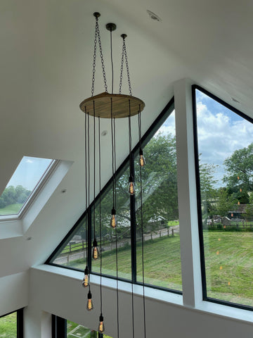 Whiskey Barrel Cascade Chandelier | Rustic Stairwell & High Ceiling Lighting