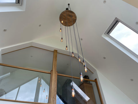 Whiskey Barrel Cascade Chandelier | Rustic Stairwell & High Ceiling Lighting