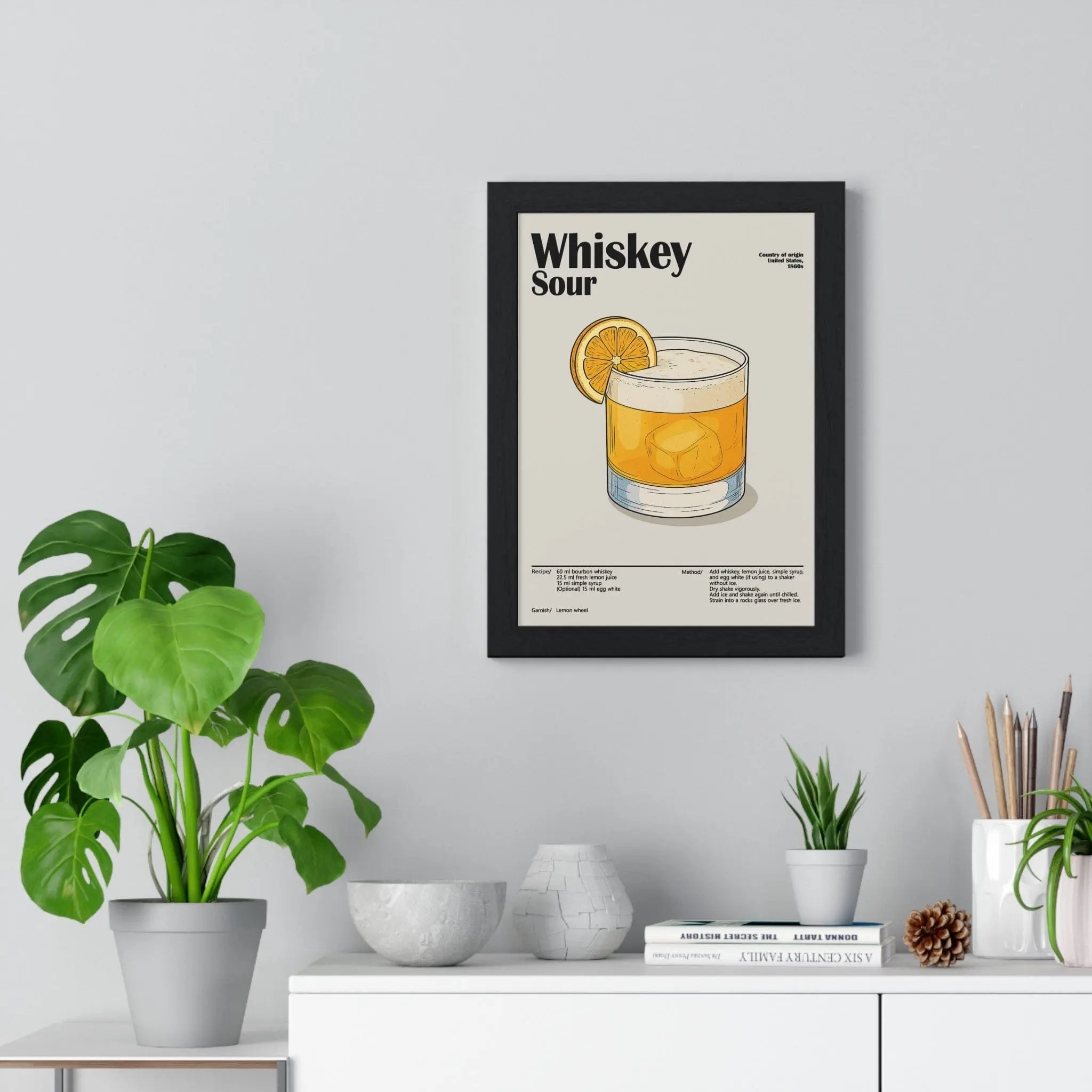 Black-framed whiskey sour cocktail poster with minimalist illustration orange slice and recipe details for wall art