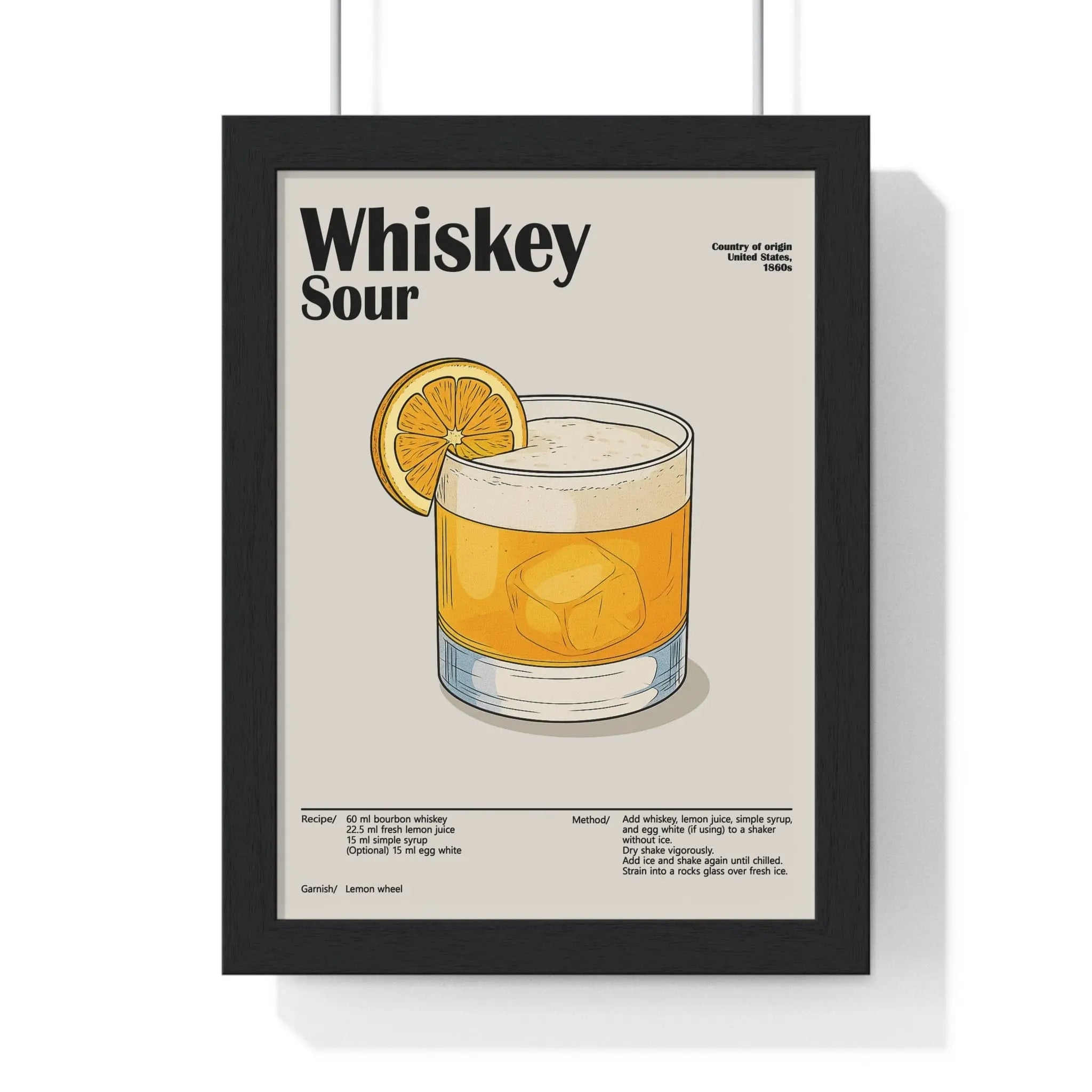 Black-framed whiskey sour cocktail poster featuring an illustrated whiskey sour in a rocks glass with lemon wheel garnish