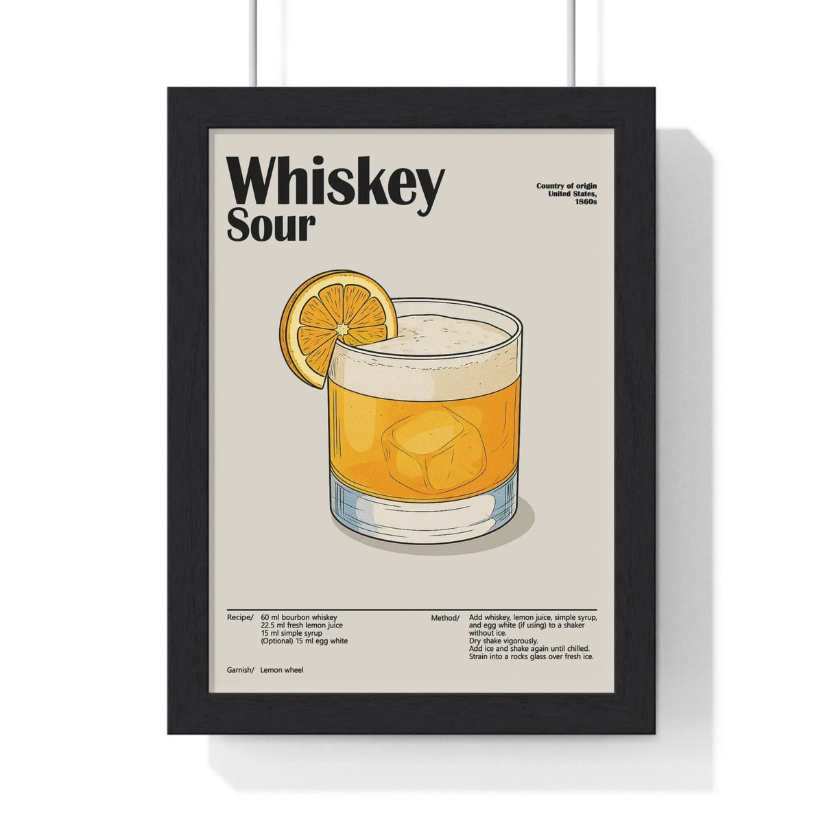 Black-framed whiskey sour cocktail poster featuring an illustrated whiskey sour in a rocks glass with lemon wheel garnish