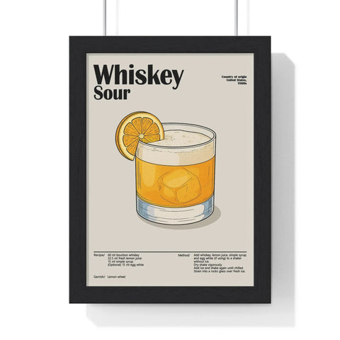 Black-framed whiskey sour cocktail poster featuring an illustrated whiskey sour in a rocks glass with lemon wheel garnish