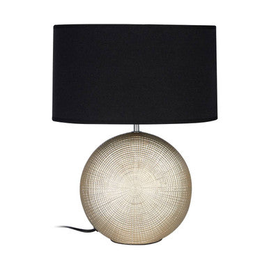 Whisper table lamp with black cylindrical lampshade and textured metallic silver circular base for stylish lighting