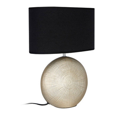 Whisper table lamp with a round ceramic base in textured gold and a matte black rectangular shade