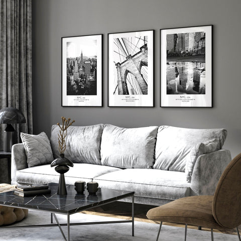 White and black art | set of 3 New York living room wall art