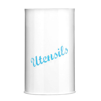 White and blue utensil canister with blue utensil cursive print on a white cylindrical utensil holder