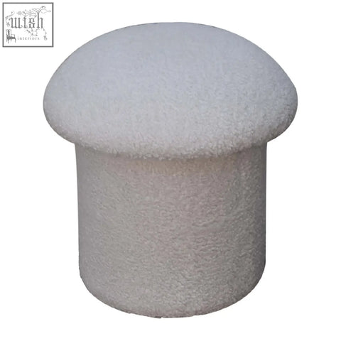 White boucle mushroom footstool with plush textured fabric and soft boucle finish perfect for cozy seating