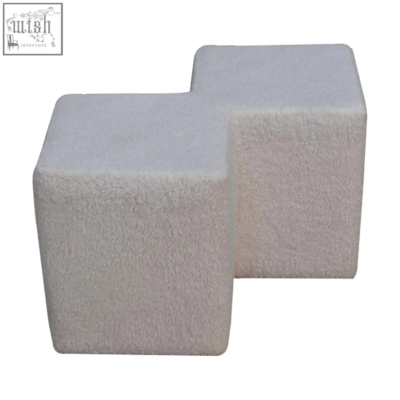Two off-white textured cube stools with a plush fuzzy surface featuring white boucle twin footstool design
