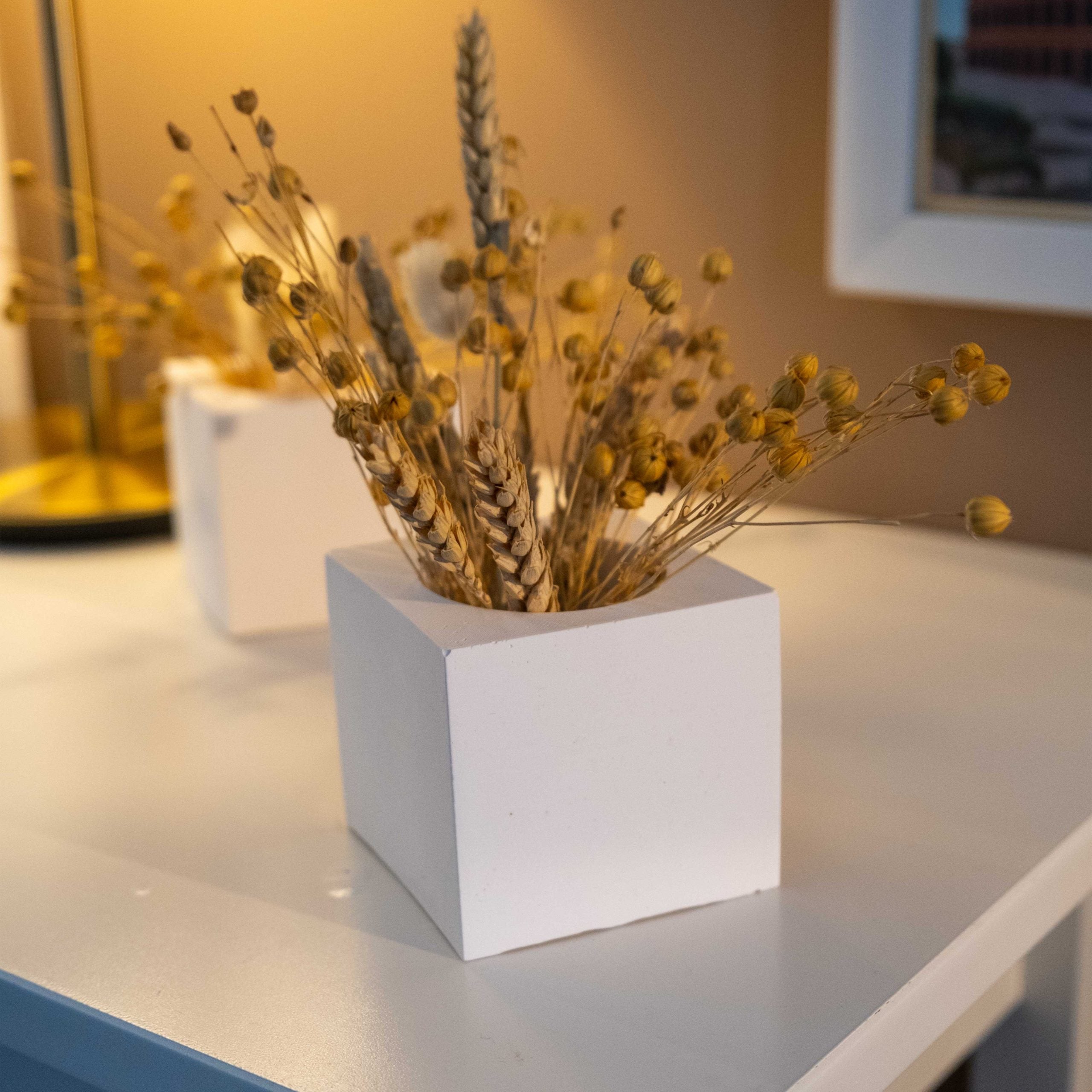 White concrete square pot with dried golden wheat and seed pods in a white ceramic vase