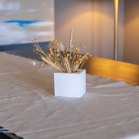 White concrete square pot vase holding dried golden wheat and seed pods in a minimalist style