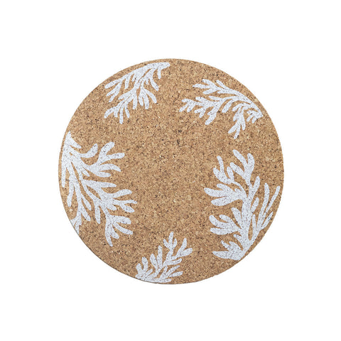 White coral cork place mat with circular portuguese cork and white coral patterns painted on the edge