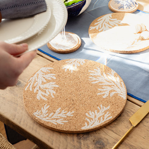 White coral cork place mat with white leafy branch pattern made from portuguese cork perfect cork place decor