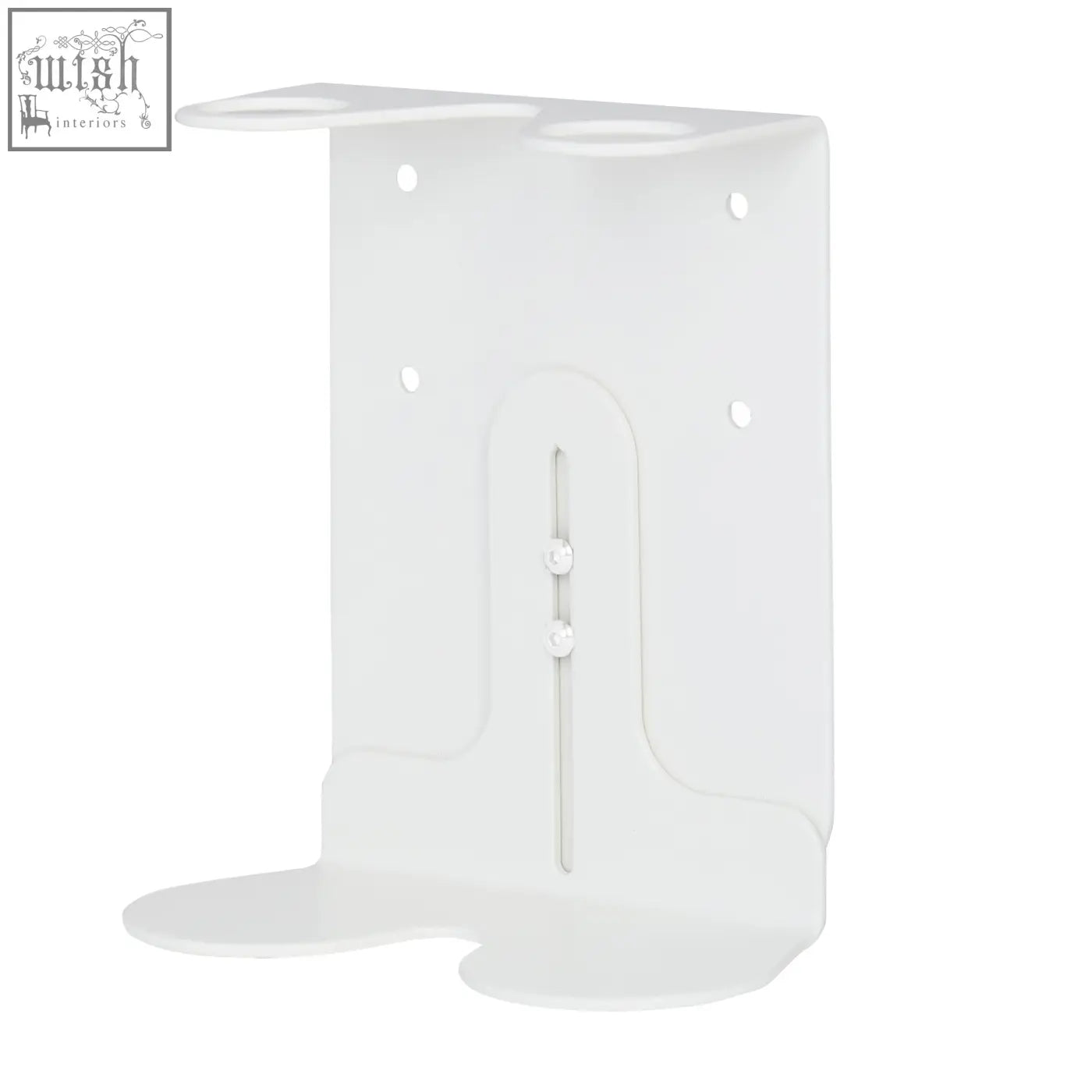 White wall-mounted double soap dispenser with glass bottles and a white plastic toothbrush holder with circular slots