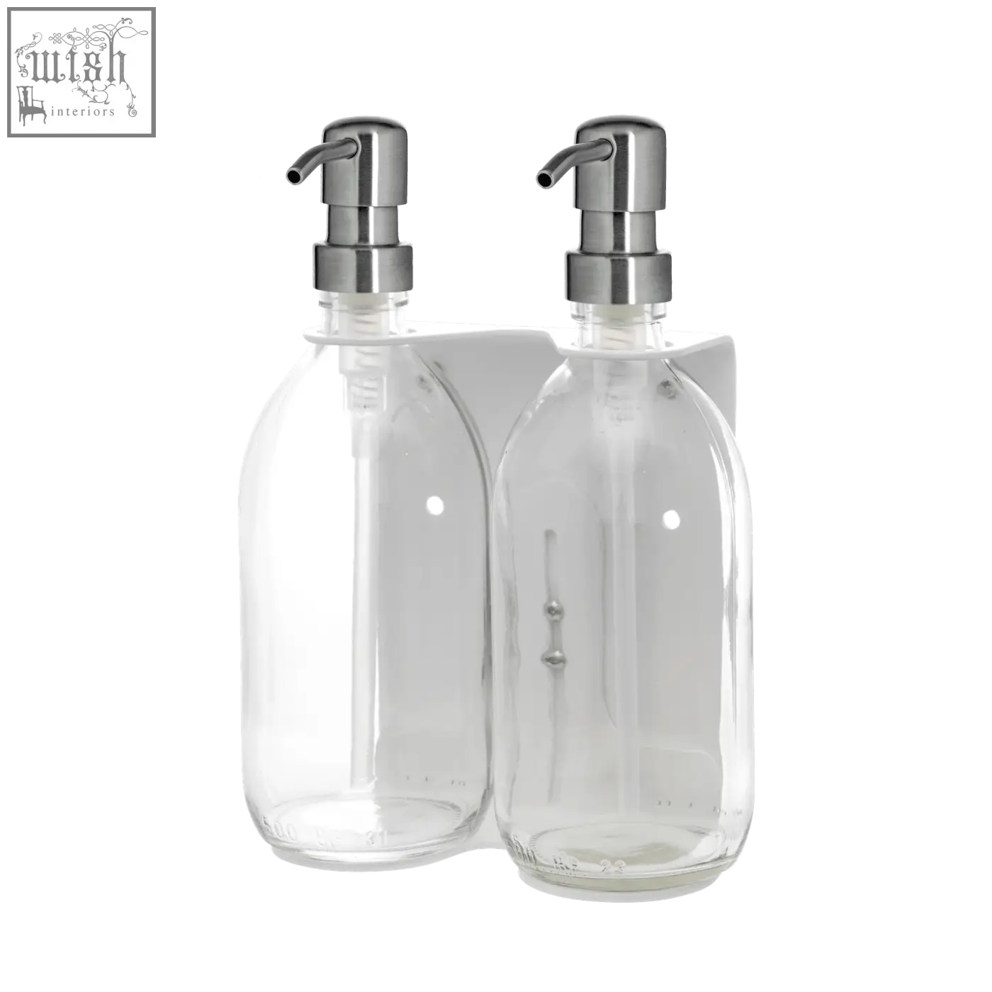 White wall-mounted soap dispenser with clear glass bottles and sleek silver pumps on a double bracket