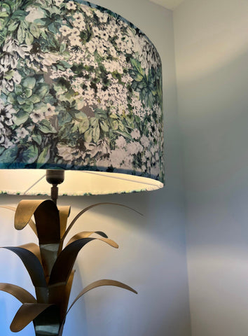 White flowers velvet drum lampshade with lush floral pattern dark background ceiling shade fitting sits 3-4cm