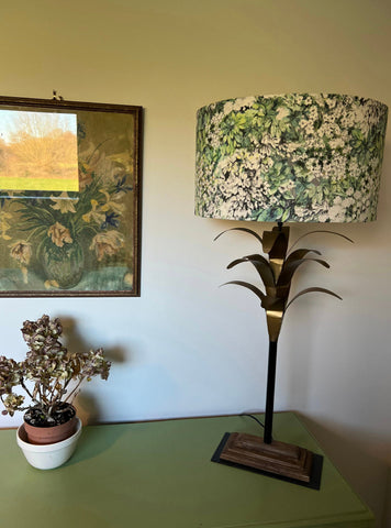 Tall table lamp with brass palm frond base and white flowers velvet drum ceiling shade fitting sits 3-4cm