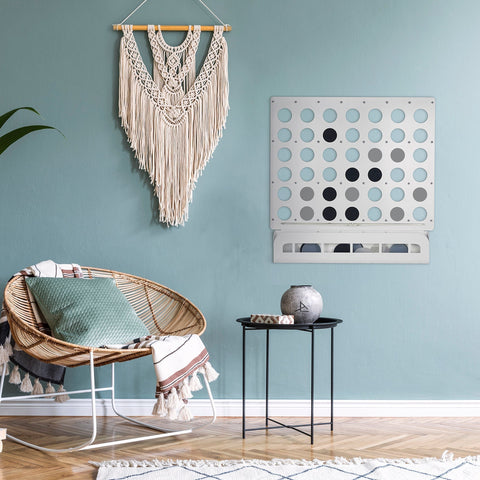 White metal wall-mounted connect four game board with circular holes and tray for discs suitable for all age ranges